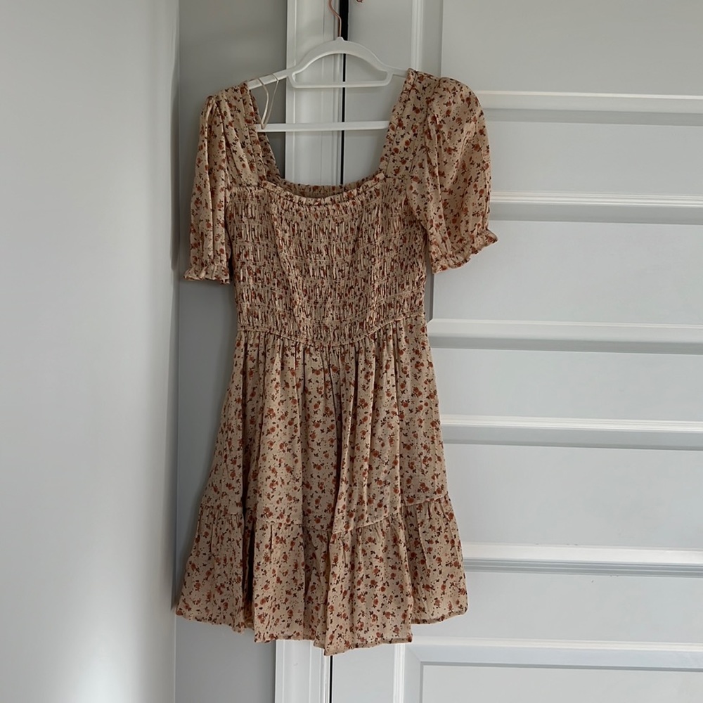 Beige Floral Smocked Mini Dress with Puff Sleeves
